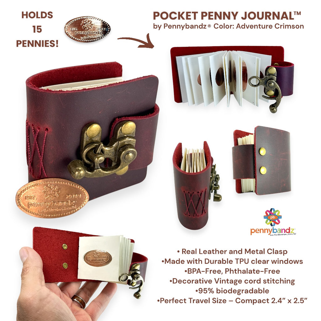 Pocket Penny Journal™ by Pennybandz® - Holds 15 pressed pennies in a beautifully rustic, leather-bound design with a vintage brass clasp - Order in increments of 5 only