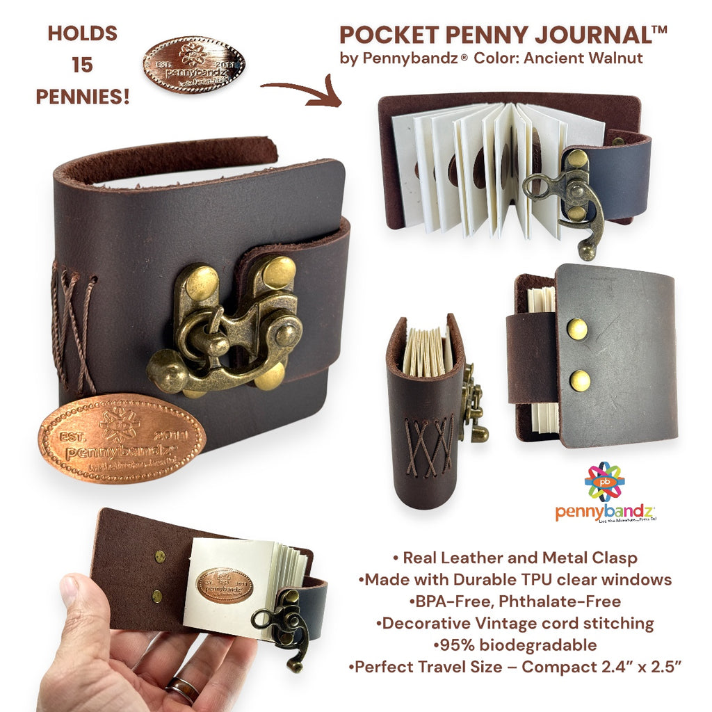 Pocket Penny Journal™ by Pennybandz® - Holds 15 pressed pennies in a beautifully rustic, leather-bound design with a vintage brass clasp - Order in increments of 5 only