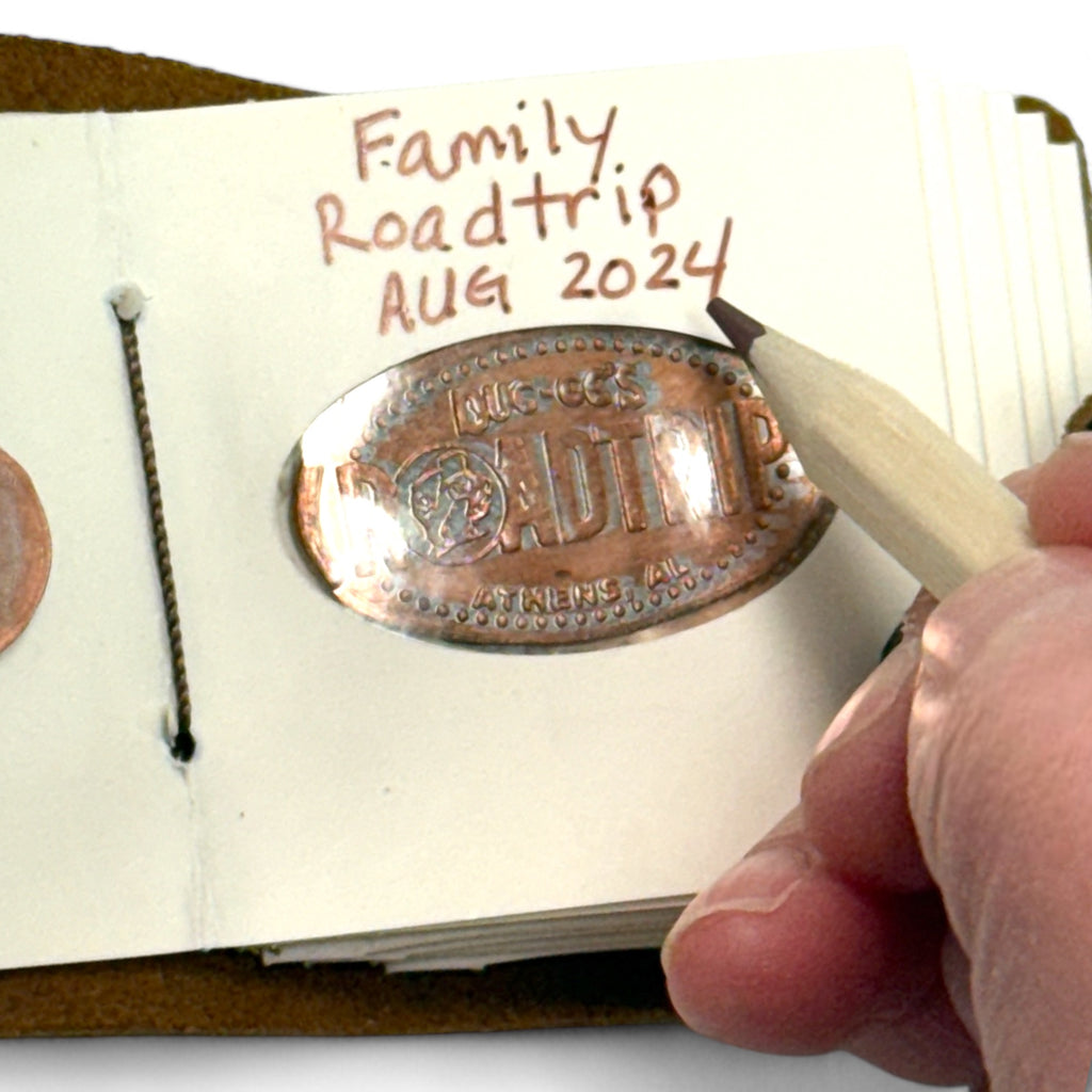 Pocket Penny Journal™ by Pennybandz® - Holds 15 pressed pennies in a beautifully rustic, leather-bound design with a vintage brass clasp - Order in increments of 5 only