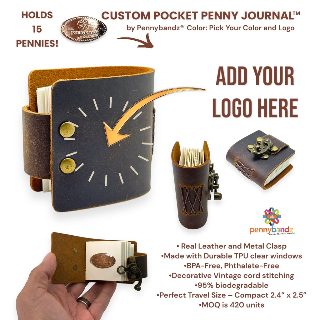 Pocket Penny Journal™ by Pennybandz® - Holds 15 pressed pennies in a beautifully rustic, leather-bound design with a vintage brass clasp - Order in increments of 5 only