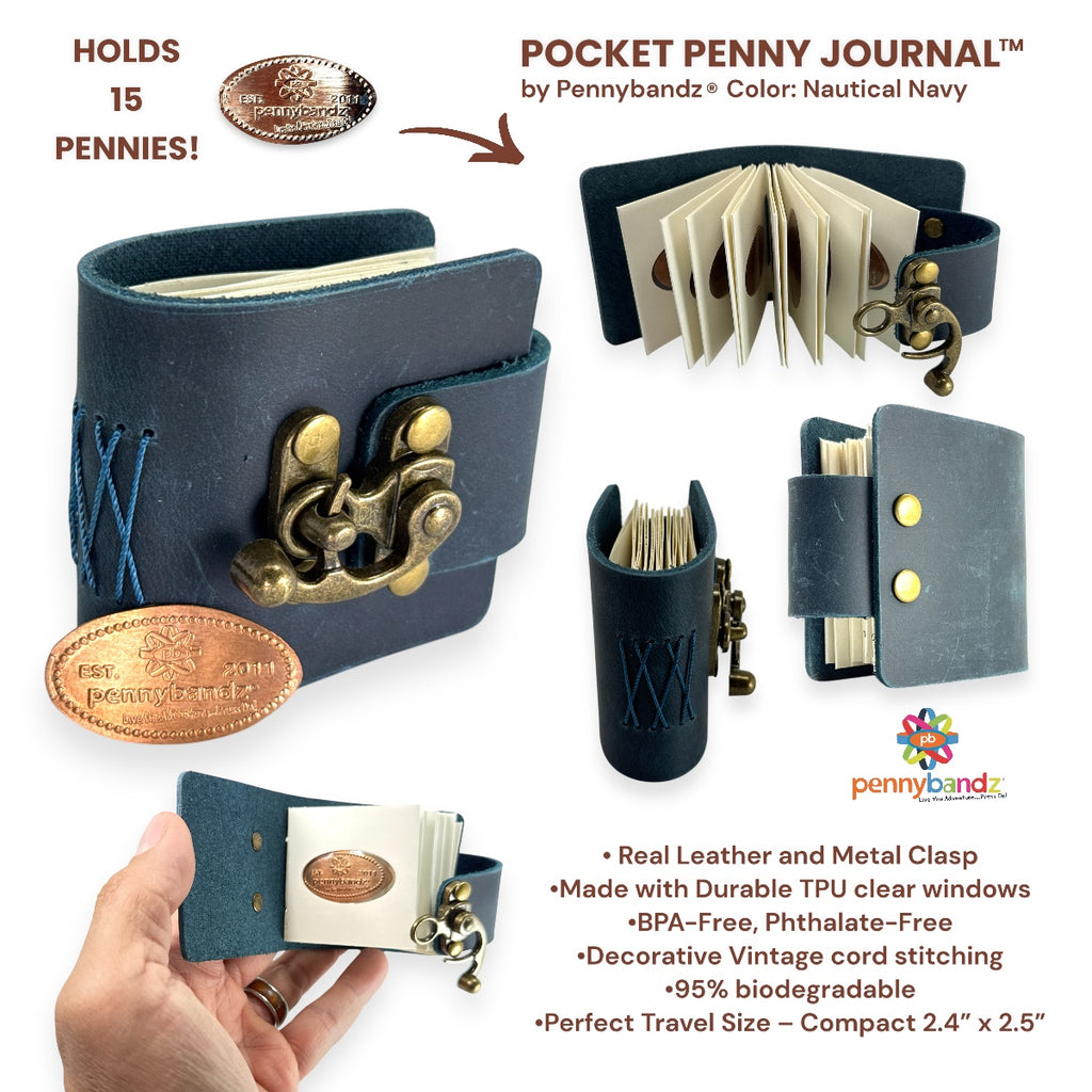 Pocket Penny Journal™ by Pennybandz® - Holds 15 pressed pennies in a beautifully rustic, leather-bound design with a vintage brass clasp - Order in increments of 5 only