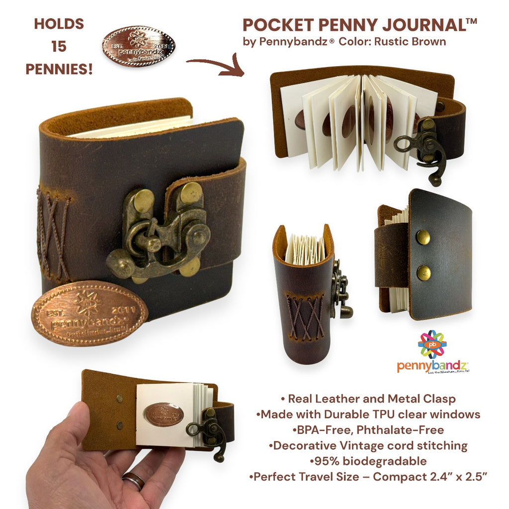 Pocket Penny Journal™ by Pennybandz® - Holds 15 pressed pennies in a beautifully rustic, leather-bound design with a vintage brass clasp - Order in increments of 5 only