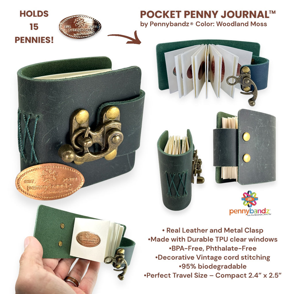 Pocket Penny Journal™ by Pennybandz® - Holds 15 pressed pennies in a beautifully rustic, leather-bound design with a vintage brass clasp - Order in increments of 5 only