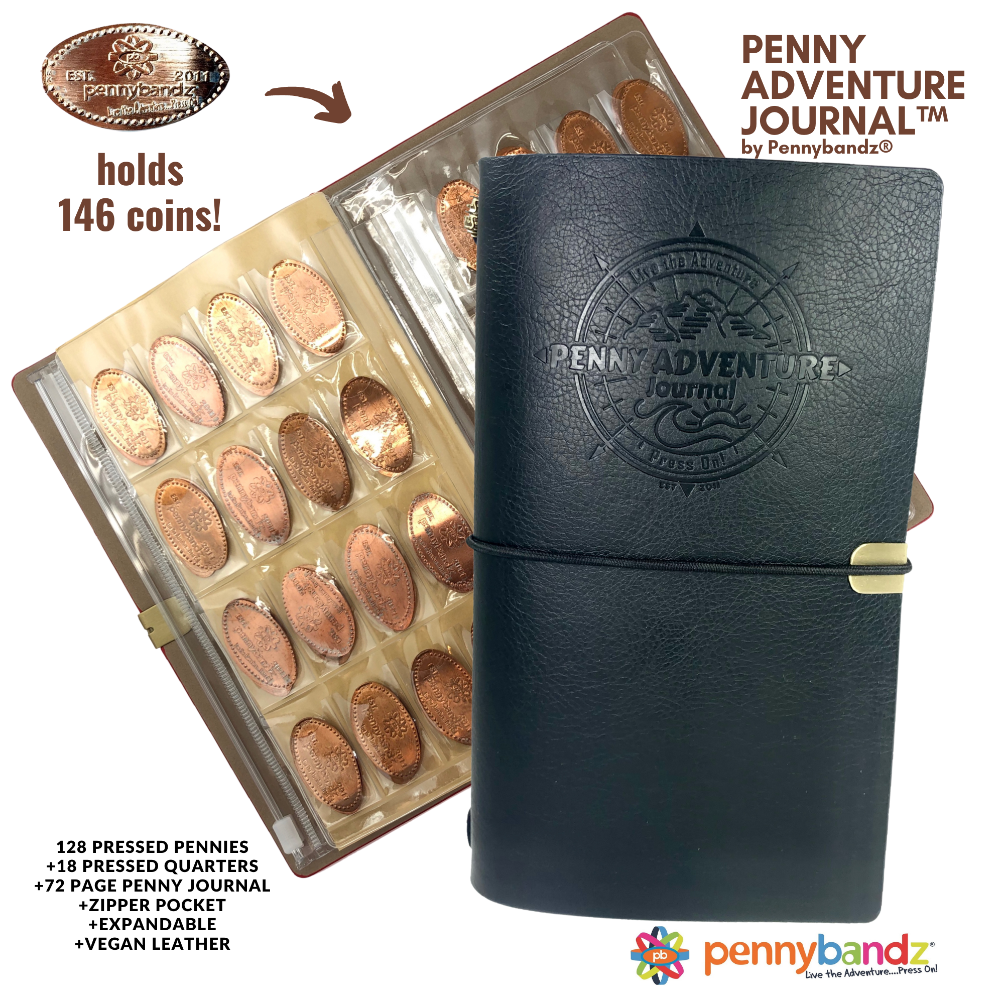  Pennybandz Press Penny Collector Tri-Fold Album - Holds 48  Souvenir Pressed Pennies - Vegan Leather - Every Book Ordered Comes with a  Mystery Penny as a Gift (Great American Penny Adventure) 