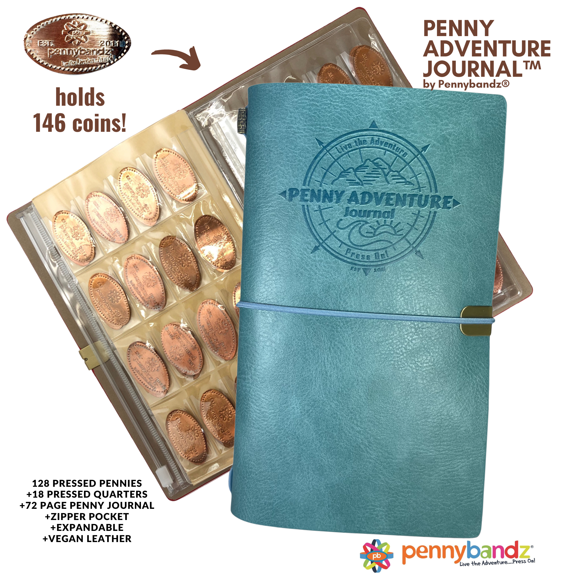 Pennybandz Penny Passport to My Penny Adventures - Souvenir Pressed Penny Passport Holds 48 Coins - Vegan Leather - Every Book Ordered Comes with A